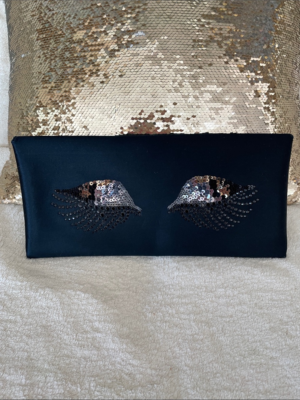 BCBGMaxAzria Black Satin Harlow Eye-Embellished Envelope Clutch Purse